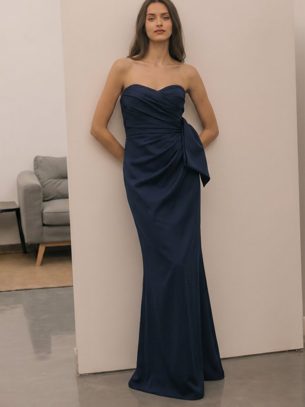 Badgley Mischka Navy Blue Strapless Evening Gown Full Length Maxi Back Bow 12 - Picture 3 of 11